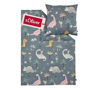 s.Oliver Parure de lit pour enfant - 100 x 135 cm - 100 % coton - Avec fermeture éclair et lavable en machine - En satin de coton mako - 2 pièces - Gris dinosaure