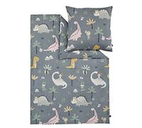 s.Oliver Parure de lit pour enfant Dino 100 x 135 cm - 100 % coton, fermeture éclair pratique et lavable en machine, 2 pièces, motif dinosaures, gris