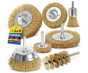 S&R 7 Brosse Metallique pour perceuse. Brosse metallique Perceuse Visseuse à nettoyer Bois en Métal. Tige 6 mm lisse. Jeu brosses en acier et laiton
