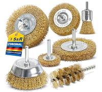 S&R 7 Brosses Métalliques Laiton pour Visseuse Perceuse à nettoyer Bois en Métal. Tige 6 mm lisse.