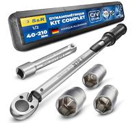 S&R Cle Dynamométrique Voiture 1/2 (40-210 Nm). Jeu Clef dynamometrique 1/2 pour Voiture Moto avec 3 Douilles (17,19,21 mm) Rallonge 12,5 cm. Kit Outils mecanique Auto Professionnel