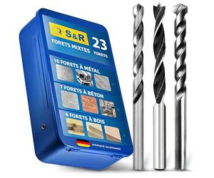 S&R Coffret de Forets Mixte Multifonction 23 pcs - Foret Métaux Fer/Foret Béton Brique Pierre/Foret Bois. Boite en Métal