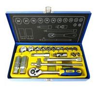 S&R Coffret Douilles 20pcs avec Clef à Cliquet 3/8 avec jeu de douilles + 2 Rallonges + Manche T + Adaptateurs bougies auto. Boite en Métal G