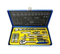 S&R Coffret Douilles 20pcs avec Clef à Cliquet 3/8 avec jeu de douilles + 2 Rallonges + Manche T + Adaptateurs bougies auto. Boite en Métal