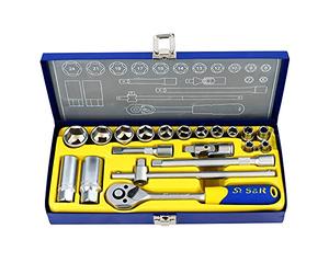 S&R Coffret Douilles 20pcs avec Clef à Cliquet 3/8" avec jeu de douilles + 2 Rallonges + Manche T + Adaptateurs bougies auto. Boite en Métal
