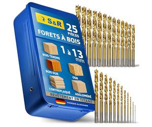 S&R Coffret Forets à Bois Professionnels 25 pcs 1-13mm en acier HSS 4241 revêtu en Titane. Forets pour perceuse à main et à colonne