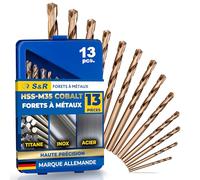 S&R Forets à Métaux HSS Cobalt 1-6,5 mm, angle 135 °. Set 13 Forets Acier Cobalt HSS DIN 338 Coffret métal. Qualité Professionnelle