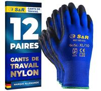 S&R Gants de Travail Homme Femme Taille 10 - Lot de 12 Paires - Gants de protection en Nylon Léger, Respirant, Résistant à l'Eau et à la Déchirure. Gants de Jardinage, Construction Bricolage