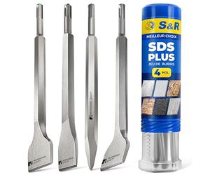 S&R Jeu 4 Burins SDS-Plus Ciseaux à Béton Carrellage Pierre Maçonnerie | Pour Perforateur - Burineur - Compatible Bosch Dewalt - Jeu 4 pièces - Acier trempé qualité supérieure - Longueur 25 cm