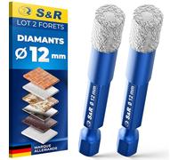 S&R Lot 2 Foret Diamant Carrelage 12mm. Forets diamantés Mèche perceuse Céramique, Grès, Granit, Porcelaine, Marbre, Verre. Tige hexagonale