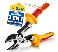 S&R Pince d'Électricien Isolée VDE 1000V - Pince Coupante Diagonale Coupe-Cable Multifonction (coupe, dénudage et sertissage) - Outil à dégainer et sértir en acier 60CrV - 220 mm