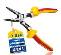 S&R Pince Électricien VDE 1000V. Pince à Bec Long Plat Multifonction pour Couper, Dénuder, Saisir Câbles - Pince Coupante Isolée 220 mm - Acier 60CrV Professionnel