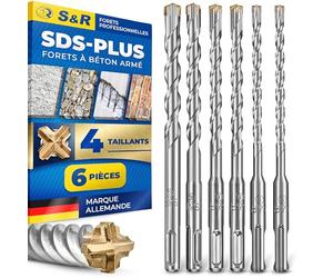 S&R Set de forets SDS-Plus à 4 pointues - 6 forets pour béton armé et maçonnerie. Ø 6/8/10/12 x 16 cm. Embouts professionnels pour perceuses de toutes les marques.