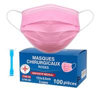 S&S Médica Lot de 100 Masques CHIRURGICAUX Rose certifiés CE Type IIR BFE ≥ 98% DISPOSITIF MÉDICAL 3 couches de protection chirurgical Ministère de la Santé + crochet d'oreille (100)