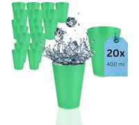S&S-Shop Lot de 20 gobelets en plastique rigide 400 ml, verts, réutilisables, verres à cocktail, camping, vaisselle pour enfants, JGA, gobelets à beerpong, gobelets empilables, gobelets de fête,