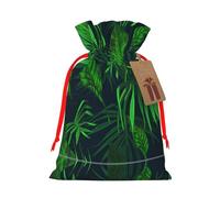 S Sac de Noël avec cordon de serrage pour décoration familiale - Imprimé plante tropicale verte en toile de jute pour emballage de friandises
