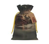 S Sac de Noël réutilisable - Hippopotame observant la rive Pochette cadeau pleine impression avec cordon de serrage pour Noël, vacances, fête, mariage, anniversaire