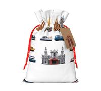 S Sac de Noël réutilisable - Motif château à vapeur avec cordon de serrage pour Noël, vacances, fête, mariage, anniversaire