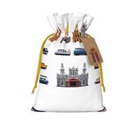 S Sac de Noël réutilisable - Motif château à vapeur avec cordon de serrage pour Noël, vacances, fête, mariage, anniversaire