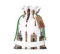 S Sac de Noël réutilisable - Pochette cadeau avec cordon de serrage imprimé château montgolfière pour Noël, vacances, fête, mariage, anniversaire