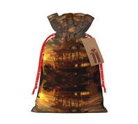 S Sacs de Noël - Imprimé bateau au crépuscule Pochettes cadeaux de vacances avec cordon de serrage pour Noël, anniversaire, mariage, fête