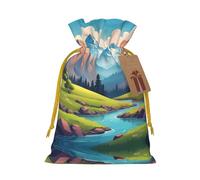 S Sacs de Noël - Montagnes vertes et eaux claires avec cordon de serrage pour Noël, anniversaire, mariage et fête