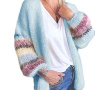 S-TROUBLE Femmes Automne Chaud Mohair tricoté Cardigan Couleur Bonbon Ouvert Devant Chandail Manteau rayé Lanterne à Manches Longues décontracté vêtements d'extérieur