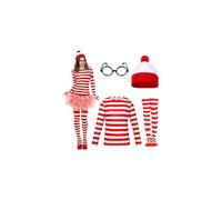 (S,Women)Adults Wally Costume Set, Red & White Stripe T-Shirt, Hat, Glasses, Socks Outfit Set World Book Day Halloween Fancy Dress for Men Women