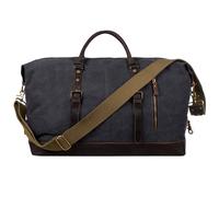 S-ZONE Sac de Voyage 52-55 l Vintage Canvas Crazy Horse Cuir Trim Unisexe Bagage à Main Sac de Sport pour Voyage, Week-End, Vacances, Noir, L