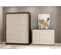S2er-Set Armoire à portes coulissantes Armoire avec moulures et éclairage Led Noir/Sonoma 150cm Vista 06 avec commode 135cm FRIDA 01