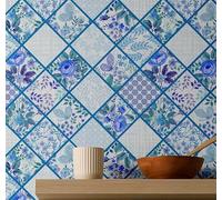 S4Sassy Papier peint vinyle autocollant, motif carrelage floral classique, imperméable, bleu, 63,5 x 152,4 cm, revêtement mural texturé amovible pour la décoration intérieure des espaces de vie