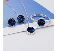 S925 Fashion Collier en Argent Sterling Boucles de Bague D'Ouverture Ensemble Pour Femmes Crystal Ocean Blue Classic Retro Charm Cadeau Créatif, LJBLEUSK