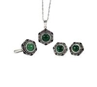 S925 Fashion Collier en Argent Sterling Boucles D'Ouverture de Bague Ensemble de Bijoux Pour Femmes Fleur Verte Classique Rétro Chalcédoine Cadeau de Charme Créatif, LJBLEUSK