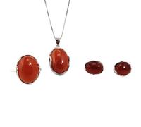 S925 Fashion Collier en Argent Sterling Boucles D'Ouverture de Bague Ensemble de Bijoux Pour Femmes Rétro Rouge Chalcédoine Ovale Créatif Cadeaux de Charme Classique, LJBLEUSK