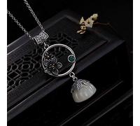 S925 Sterling Silver Necklace Women's Lotus Jade Pendant Classic Simple Palace National Wind Fashion Exquisite Gift, LJBLEUSK