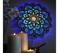 SAAKO Décoration Murale Mandala avec Lumière LED, Art Mural Mandala Éclairé, Décoration Murale Fleur De Lotus, Suspension Murale Méditation Boho Fleur en Bois Veilleuse