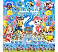 SABAN Kit Anniversaire Pat Patrouille - Décoration 2 Ans avec Ballons, Banderole, Décor Gâteau, Nappe et Rideau - Pour Garçon et Fille