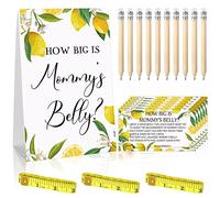Sabary Lot de 64 jeux de devinettes pour fête prénatale comprenant « How Big Is Mommy's Belly Sign » et 50 cartes de devinettes avec 10 crayons, 3 rubans à mesurer pour fête prénatale (citron)