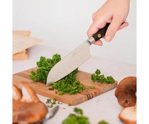 Sabatier LION Couteau Japonais Mini Santoku IDEAL 13 cm - Lame Alvéolée en Acier Forgé Haute Résistance : Découpe Légumes, Viandes et Poissons - Manche Noir en POM - Fabriqué à Thiers - 179g - Acier
