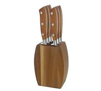 SABATIER TROMPETTE - Bloc bois d'acacia avec 6 couteaux steak - Ryokan - Acier 5CR15MOV finition satinée manche Bois de frêne - Bloc 12.5 x 9 x 5 cm, Couteau 22.5 cm (lame 13 cm) - Bois