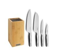 SABATIER TROMPETTE - Bloc tiges spaghetti Bambou avec 4 couteaux de cuisine : Utile, Office, Chef, Santoku - Asean - Acier 5Cr15MoV finition satinée manche tout inox - 26 x 15.5 cm - Inox