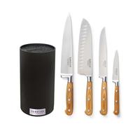 SABATIER TROMPETTE Essentiel Bloc Couteaux de Cuisine, Rond, 5 Pièces, Noir | Set de 4 Couteaux Cuisine Professionel et Bloc, Couteau Santoku, Chef, Découper et Office, Acier 5Cr15MoV, Finition Satinée