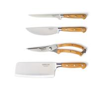 SABATIER TROMPETTE Essentiel - Set Découpe 4 pièces | Désosser 13 cm, couperet 18 cm, coupe-volaille, couteau à pizza, acier inox MoV, manche bois de pakka riveté