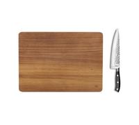 SABATIER TROMPETTE Planche à découper 39x28x3cm + couteau chef, Bois acacia | Set planche à découper 39x28x3 cm et couteau de chef 32 cm, Bois d'acacia FSC, Acier 5Cr15MoV martelé, Manche POM, Bois/Noir