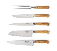 SABATIER TROMPETTE - Set 5 couteaux de cuisine : Couteau et fourchette à découper, Filet, Santoku, Chef - Essentiel - Acier MoV (Molybdène Vanadium) finition satinée manche bois de pakka