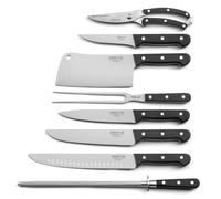SABATIER TROMPETTE - Set 8 couteaux boucher: Désosser, Couteau et fourchette à découper, Boucher, Boucher alvéolé, Couperet, Sécateur, fusil à aiguiser - Universal - Acier MoV manche ABS rivets - Noir