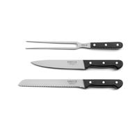 SABATIER TROMPETTE - Set de 3 couteaux de cuisine : Couteau et fourchette à découper 18 cm, Couteau à pain 22 cm - Universal - Acier MoV finition satinée manche ABS et rivets acier - Noir