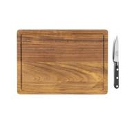 SABATIER TROMPETTE - Set planche à découper rectangulaire 39 x 28 x 1.5 cm avec rigole et couteau office 20 cm (Lame 10 cm) - Planche en bois d'acacia huilé - Bois/Noir