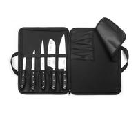 SABATIER TROMPETTE - Trousse avec 5 couteaux de cuisine : Office, Désosser, Filets, Santoku, Chef - Vulcano - Acier 5Cr15MoV finition satinée manche POM pleine soie avec rivets inox - 40 x 30 cm Noir