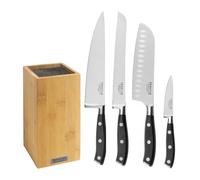 SABATIER TROMPETTE Vulcano Bloc avec tiges spaghettis + 4 couteaux, Bambou | Bloc spaghetti Bambou avec 4 couteaux, Acier 5Cr15MoV satiné, Manche POM pleine soie, 26x15.5 cm, Noir